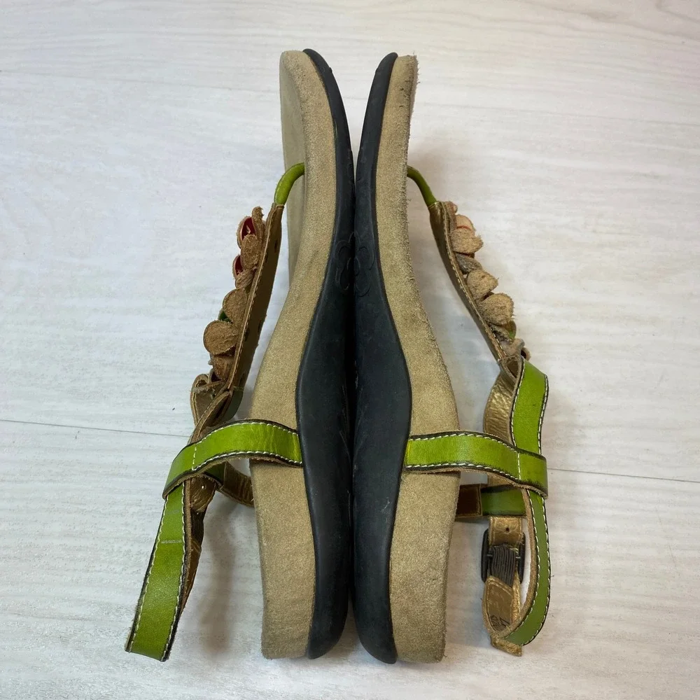 L'Artiste Womens 38 Sandals Sundae Floral Leather Thong Ankle Strap Green Boho